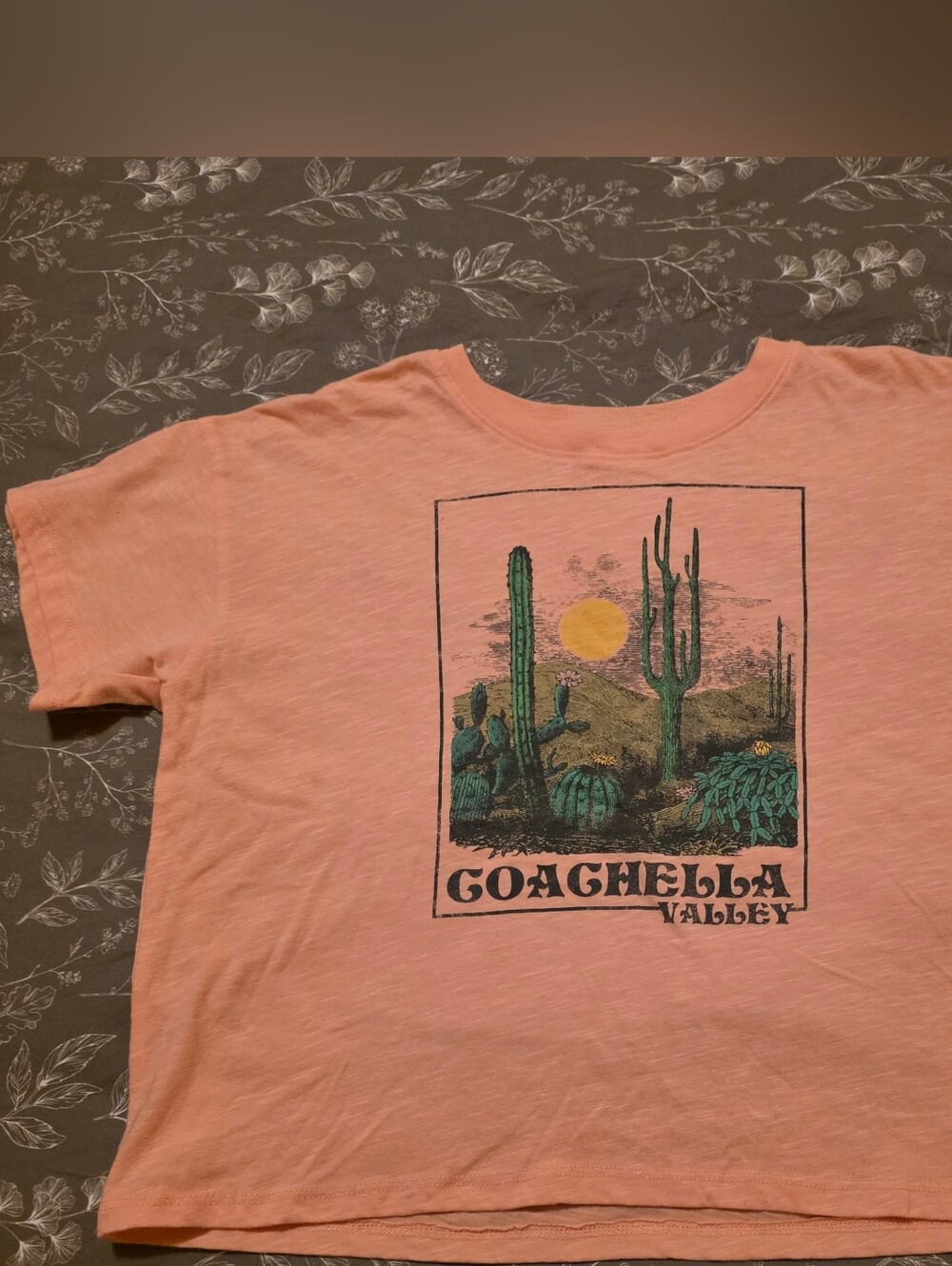 SO Peach Graphic Tee with Green Cactus and Yellow Sun